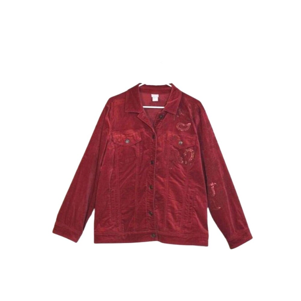 Chico's Red Velveteen Sequin Paisley Jacket 3 Embellished Button Front Velvet
